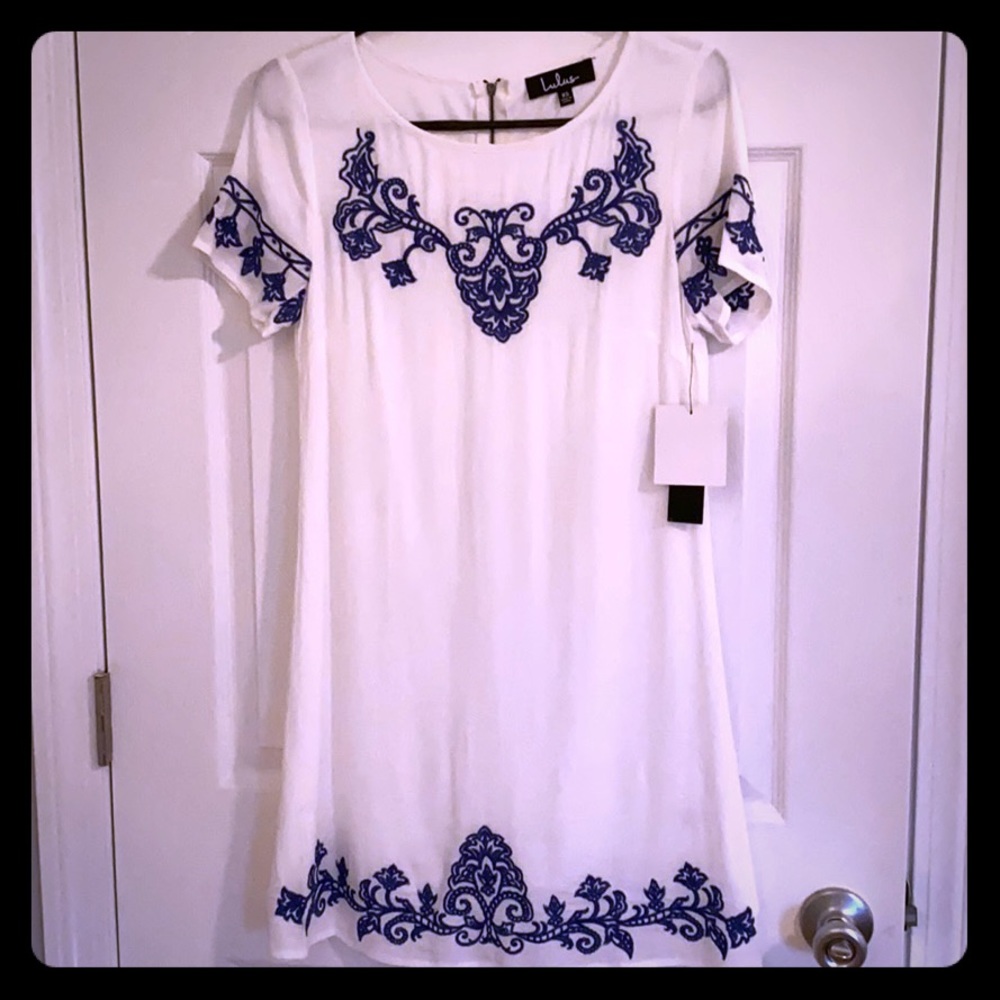 White and blue embroidered dress